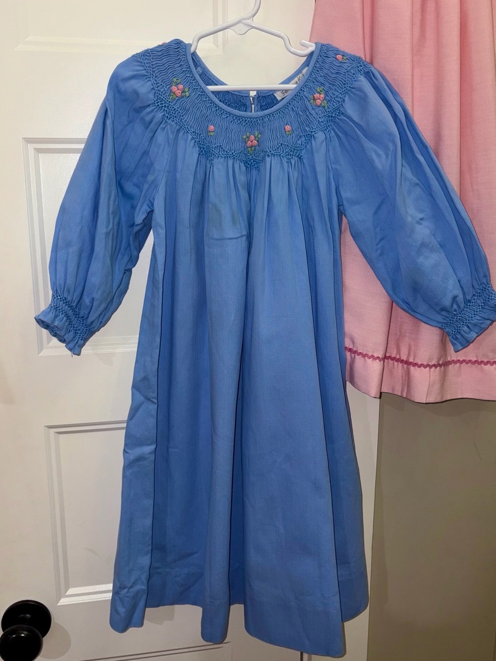 Fantaisie Kids Light Blue Smocked Dress with Pink Rose Embroidery
